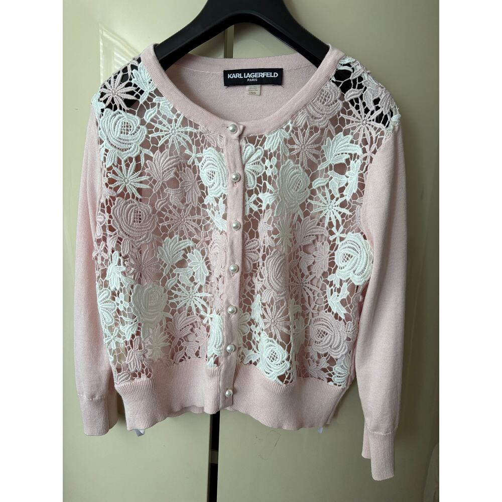 Karl Lagerfeld Paris Cardigan Large Pink Floral Lace Pearl Button Sweater